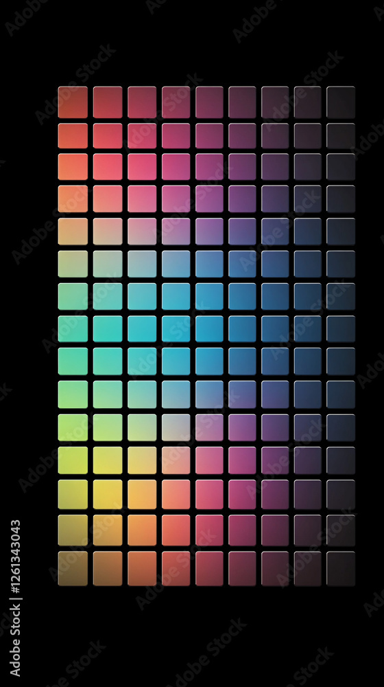 Poster a colorful pixelated abstract grid with a gradient of hues from warm yellows to cool blues on a blac