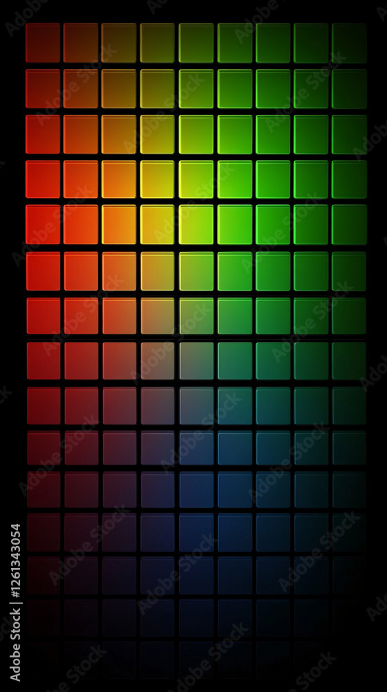 Poster a futuristic geometric design with a structured grid of squares blending from red to green and blue 