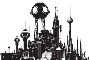 Obraz premium Futuristic City landscape. Different buildings on street, outline cityscape hand sketch, flat houses. Hand drawn vector illustration