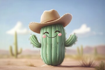 A smiley cactus wearing a cowboy hat stands tall in a bright desert, centering a group of cacti and warm sand, and infusing the scene with a whimsical and humorous atmosphere.