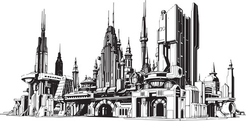 Futuristic City landscape. Different buildings on street, outline cityscape hand sketch, flat houses. Hand drawn vector illustration