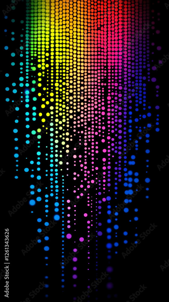 Poster a digital abstract artwork with cascading dots in a vibrant rainbow gradient on a black background