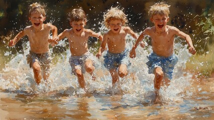 Fototapeta premium Children playfully splashing in water outdoors.