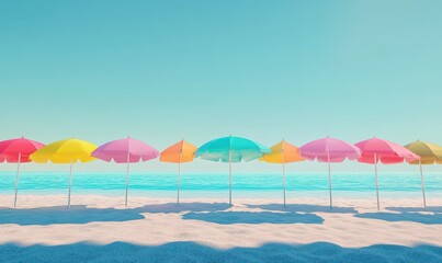 Row of colorful beach umbrellas lining a pristine sandy shore under a clear blue sky, evoking cheerful summer vibes.