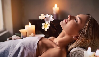 Naklejka premium a woman in a white robe is relaxing at a spa, getting a massage, with flower petals around her face, while a soothing light from burning candles illuminates her face. The photo evokes peace.