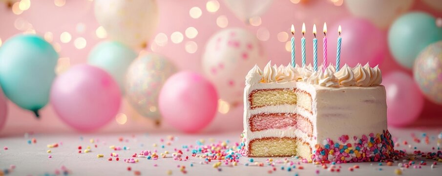 A lively birthday celebration scene with party balloons, birthday cake with candles, and a soft pink background
