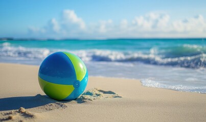 Obraz premium Vibrant blue and green beach ball resting on a sandy shore with crystal-clear ocean waves in the background.