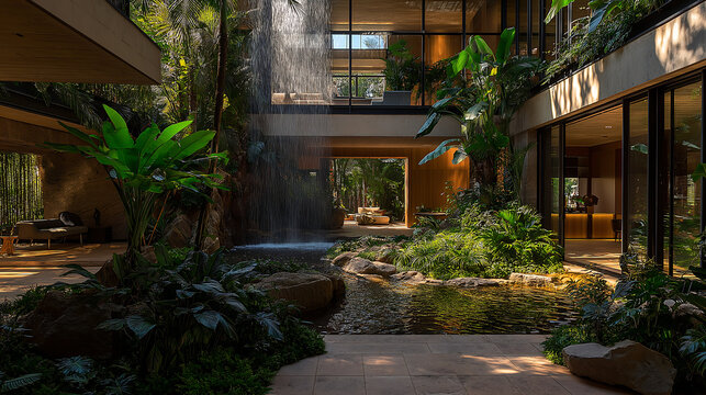 interior grand atrium arboretum with 10,000 plants and water fall in courtyard a large home designed by biophilic architecture