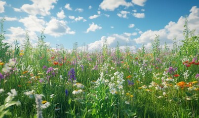 Lush green meadow under a clear blue sky, dotted with vibrant wildflowers, evoking the joy of summer.
