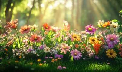 Fototapeta premium Vibrant flower garden in full bloom with an array of colorful petals and green foliage, illuminated by soft sunlight, creating a lively scene.