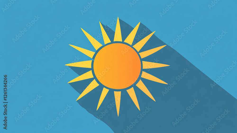 Poster a bright and simple sun illustration with golden rays extending from a circular center on a blue bac