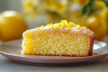 Lemon cake slice, glazed, flowers background, dessert