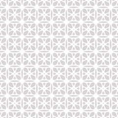 Subtle geometric seamless pattern. Simple gray and white vector floral ornament. Abstract background texture with flower silhouettes, leaves, lattice, rounded shapes, tiles. Delicate repeated design