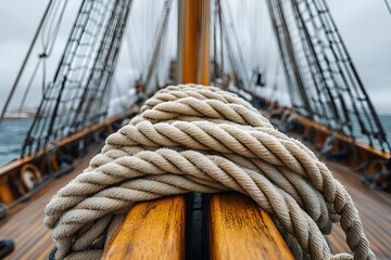 Obraz premium Close-up of a thick marine rope on the wooden deck of a sailing ship, with blurred masts and rigging in the background