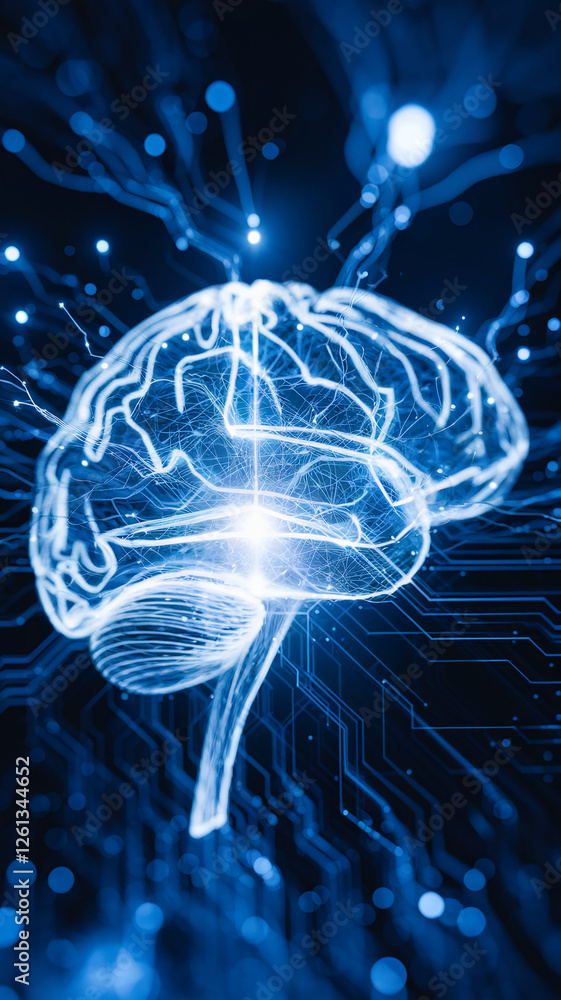 Poster a 3d wireframe model of a human brain glowing in blue, with digital connections and lines representi
