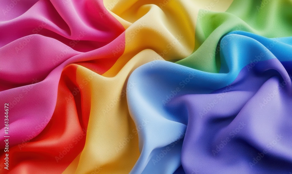Poster vibrant rainbow fabric folds creating a soft and colorful texture, each hue blending seamlessly unde
