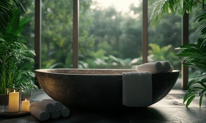 Luxurious spa setting with a stone bathtub, soft candles, fluffy towels, and a tranquil garden view, inspiring relaxation.