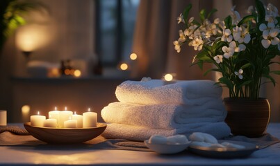 Luxurious spa setting with white towels, aromatic candles, and a bowl of fresh flowers, creating a serene and indulgent ambiance.