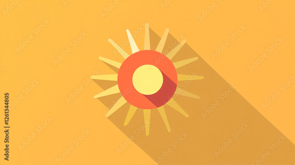 Poster a simple flat design sun icon with a warm orange and red gradient effect casting a long shadow again