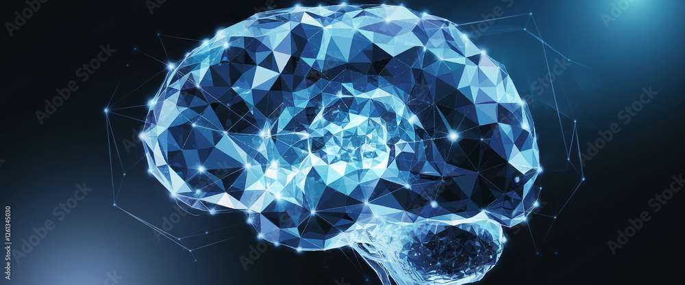 Poster a high-tech digital brain made of glowing polygons and neural connections, symbolizing artificial in