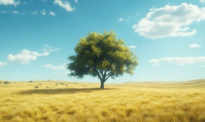Fototapeta premium Majestic lone tree standing in a vast golden field under a bright blue sky, serene rural landscape perfect for nature and outdoor visuals