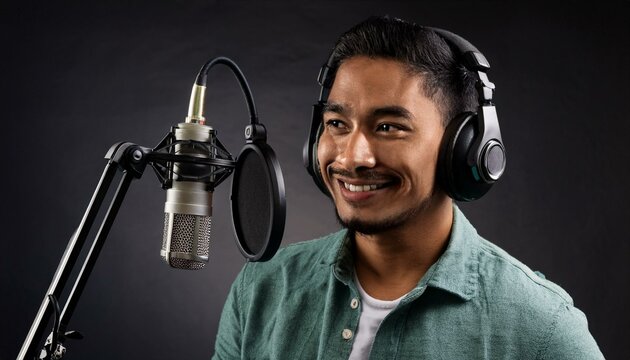 A smiling man wearing headphones records an audio podcast or music.  The microphone is capturing the sound of his voice