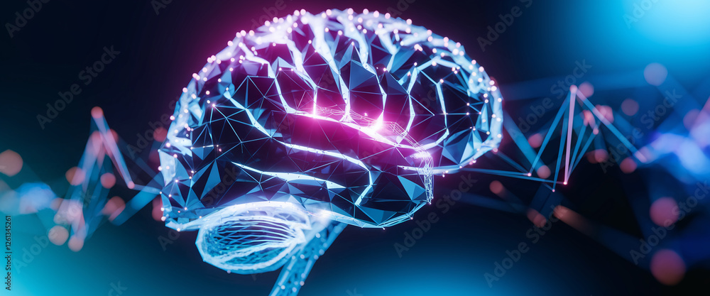Poster a glowing 3d wireframe model of a human brain, showcasing neural connections and artificial intellig