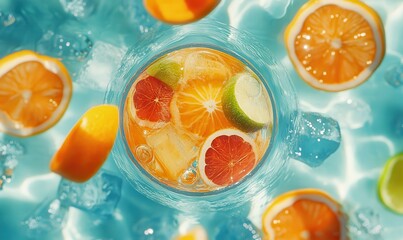 Vibrant summer cocktail floating in swimming pool.