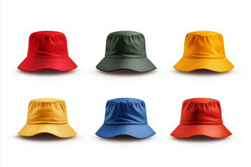 Fototapeta premium Collection Set of Bucket Hats in Various Colors Isolated on White