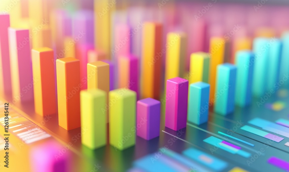 Poster minimalist 3d render of colorful bar charts and graphs, set against a soft pastel background, showca