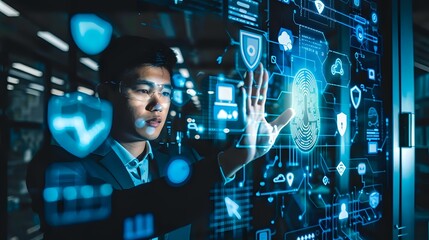 Asian businessman interacting with futuristic holographic security interface displaying digital protection symbols and biometric scanning in dark office.