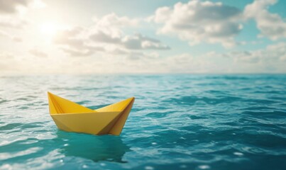 Serene scene of a yellow paper boat floating peacefully on a turquoise ocean under soft sunlight, evoking simplicity and imagination.