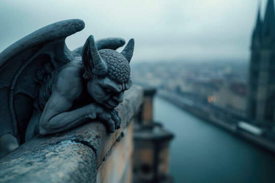 Gothic Gargoyle on Parisian Rooftop: A Moody Cityscape View