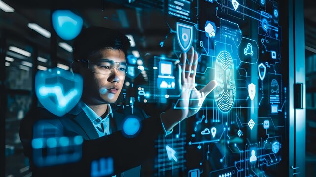Asian businessman interacting with futuristic holographic security interface displaying digital protection symbols and biometric scanning in dark office. - Powered by Adobe