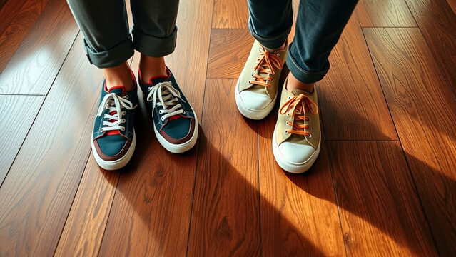 close-up image of two pairs of feet wearing trendy sneakers, resting on a warm wooden floor.