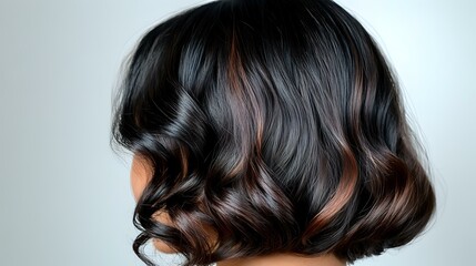Fototapeta premium Young Asian woman with glossy dark brown hair styled in elegant vintage waves against light background, showing professional hairstyling technique and healthy hair texture.