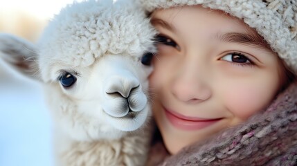Young Asian woman in winter hat smiling next to friendly white alpaca face in close-up portrait, showing gentle connection between human and animal on blurred background.