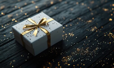 Single white gift box tied with a gold ribbon, set on a dark wooden table with scattered festive glitter.