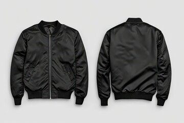 Black bomber jacket with zip-up closure and ribbed cuffs front and back on a white background
