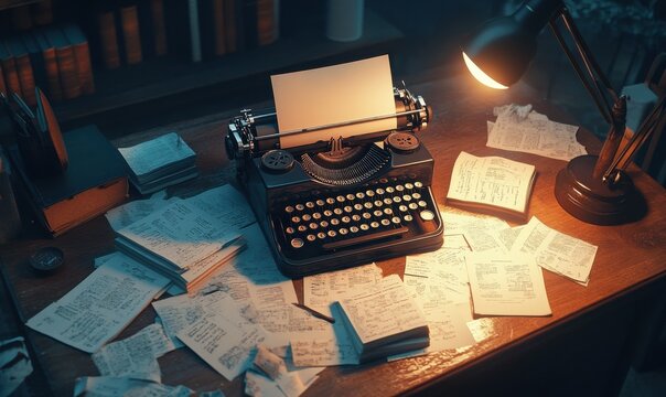 Vintage typewriter placed on a wooden desk surrounded by scattered pages, evoking a classic writer's workspace.