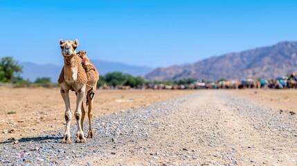 Young camel on desert road, mountains backdrop, tourist gathering
