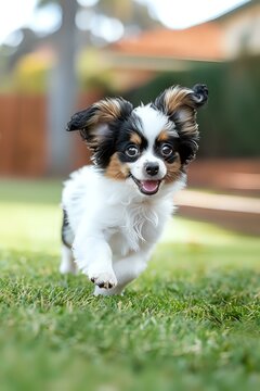 Playful Papillon puppy running on green grass with happy expression, long-haired tricolor dog showing joyful energy outdoors in natural backyard setting.