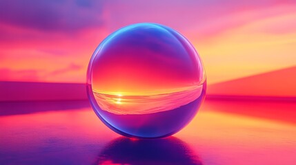 A large, clear, blue sphere sits on a beach at sunset