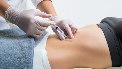 Fototapeta premium Close-up view of a medical professional administering an injection to a patient's abdomen. The focus is on the hands and the injection process.