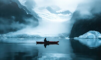 Fototapeta premium Solitary kayak adventure in misty glacier waters