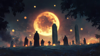 A group of wizards and witches gathered in a stone circle under a full moon, performing a ritual with glowing orbs of light floating around them. Blood Moon Rituals. Illustration