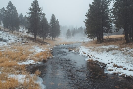 Winter stream, snowy valley, foggy pines, tranquil nature, landscape