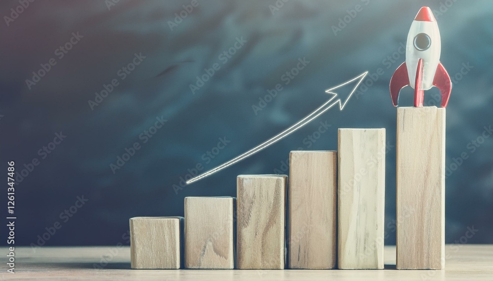 Poster rocket launching from wooden blocks representing growth and progress