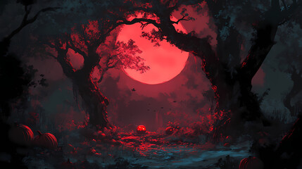 A spooky halloween night enchanting pumpkins under a blood red moon in an eerie forest landscape. Blood Moon Rituals. Illustration
