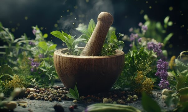 Wooden mortar and pestle surrounded by fresh herbs and spices, earthy tones and textures highlighting culinary craftsmanship